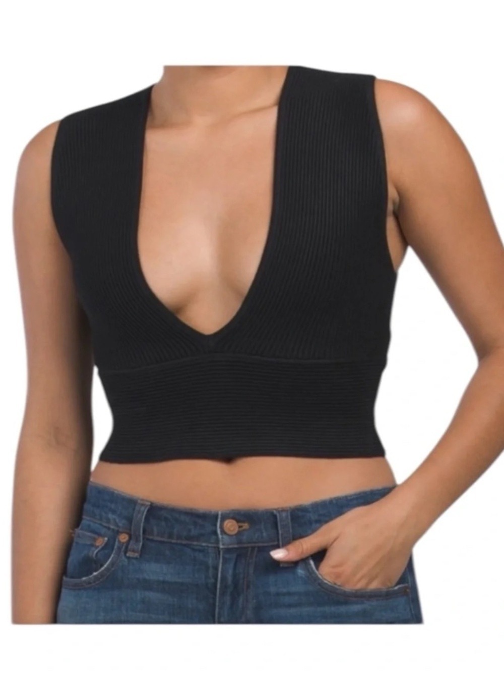 NEW WITH NO TAGS-House Of Harlow 1960 Black Bold Deep V-neck Knit Crop Top Large